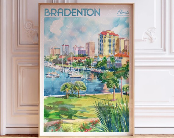 Bradenton Florida Watercolor Marina Skyline Palm Trees Travel Poster