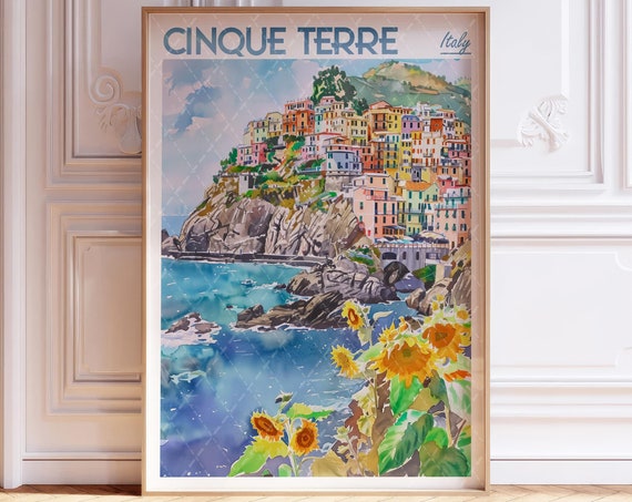 Cinque Terre Watercolor Travel Poster, Italy Decor