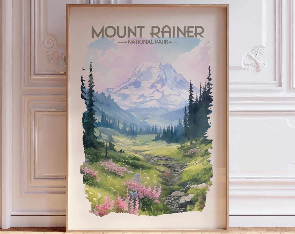 Mount Rainier National Park Snowy Peak Meadow Watercolor Poster