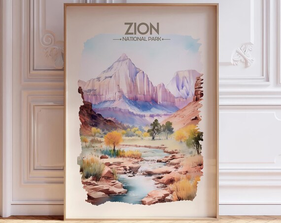 Zion National Park Canyon River Watercolor Travel Art Poster