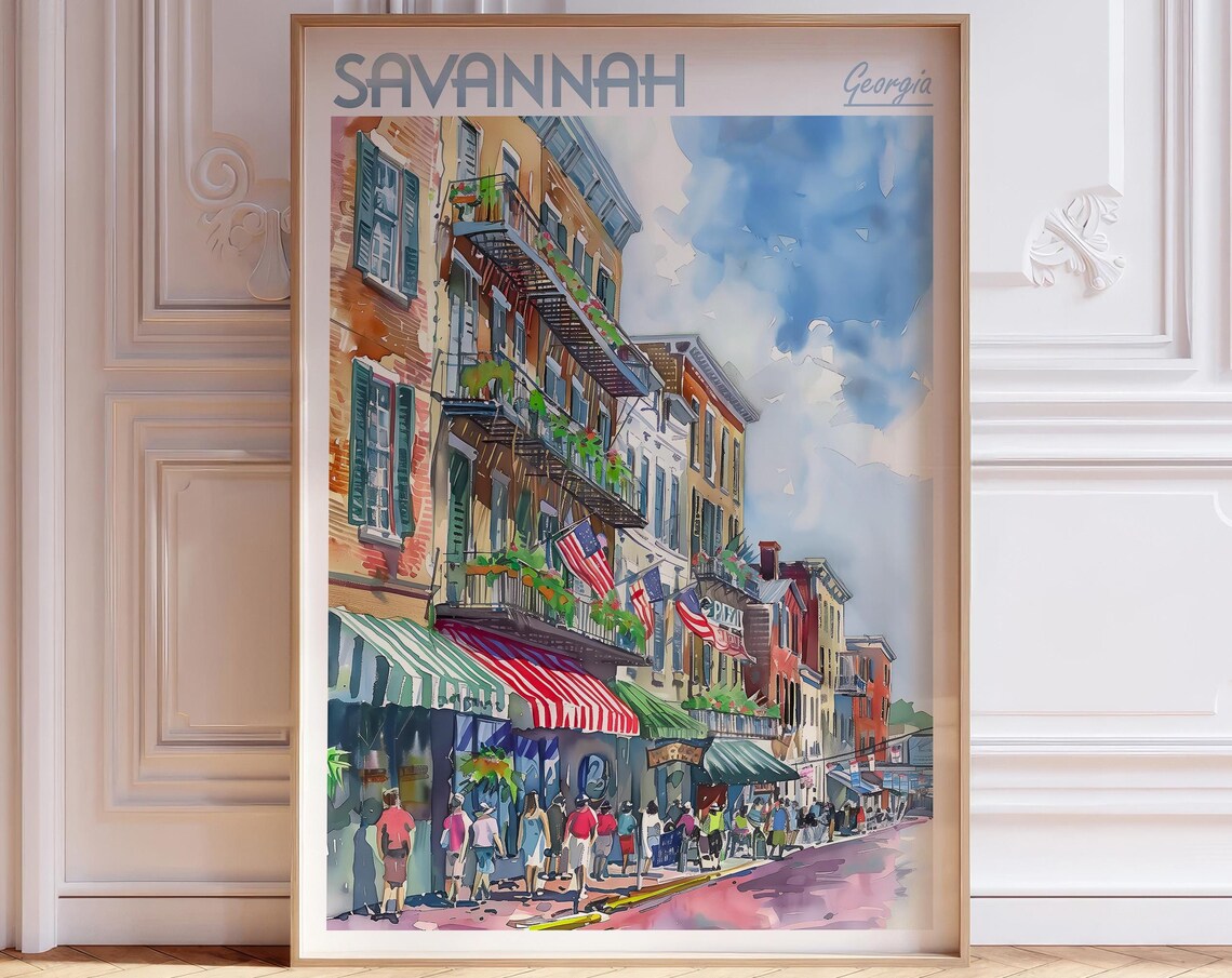 Savannah Georgia Watercolor Travel Poster, Coastal Decor