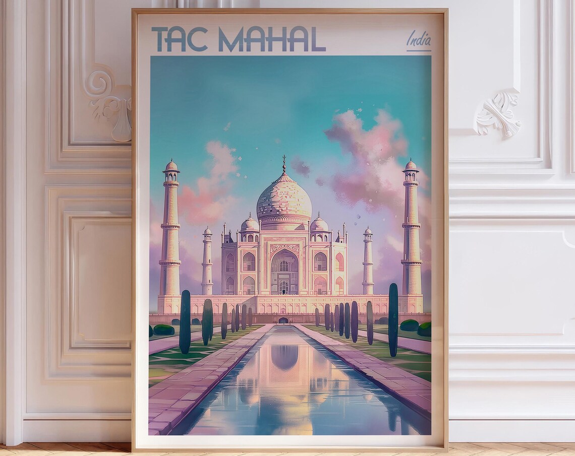 Taj Mahal India Pastel Sunset Reflection Watercolor Travel Poster
