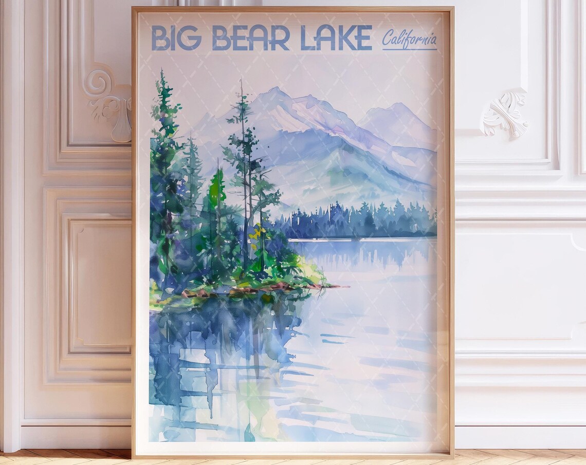 Big Bear Lake California Watercolor Lake Mountains Travel Poster