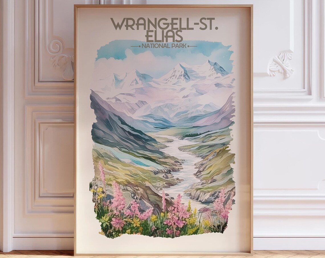 Wrangell St Elias National Park Watercolor Alaska Peaks Art Poster