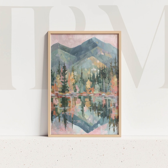 Pastel Mountain Landscape Art Print, Rustic Cabin Decor
