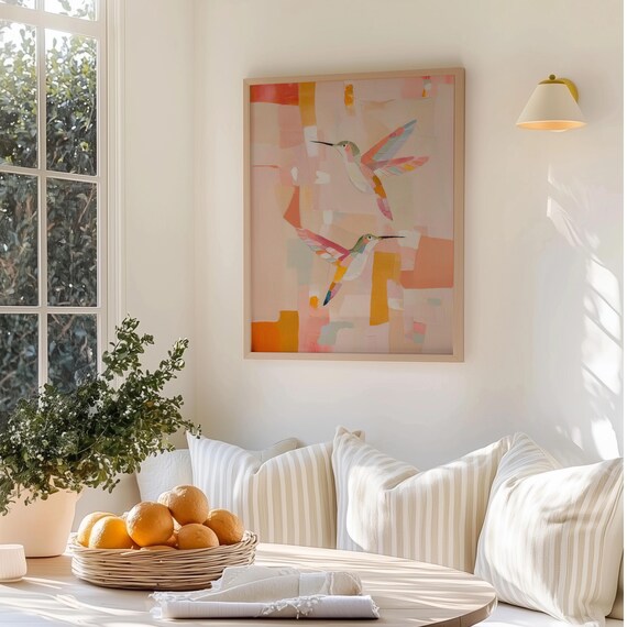 Abstract Hummingbird Wall Art Print Peach Pink Bird Painting Modern Geometric Artwork Textured Colorful Nature Home Decor