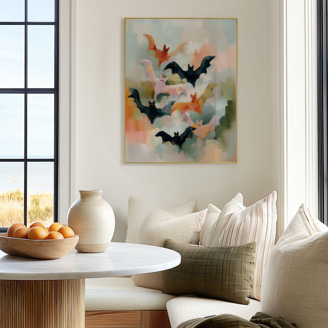 Pastel Abstract Halloween Bat Art Print, Autumn Decor