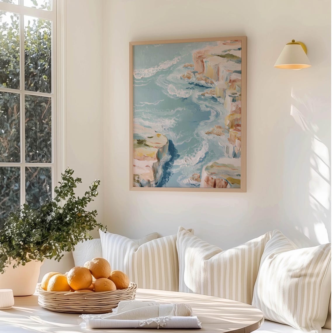 Pastel Coastal Cliffs Painting Soft Ocean Waves Textured Art Poster