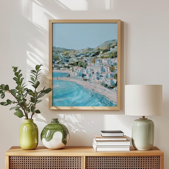 Mediterranean Seaside Town Hillside Coastal Oil Painting Style Poster