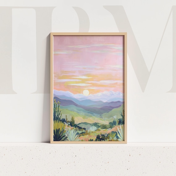 Dreamy Blush Pink Desert Sunset With Cactus Landscape Wall Art