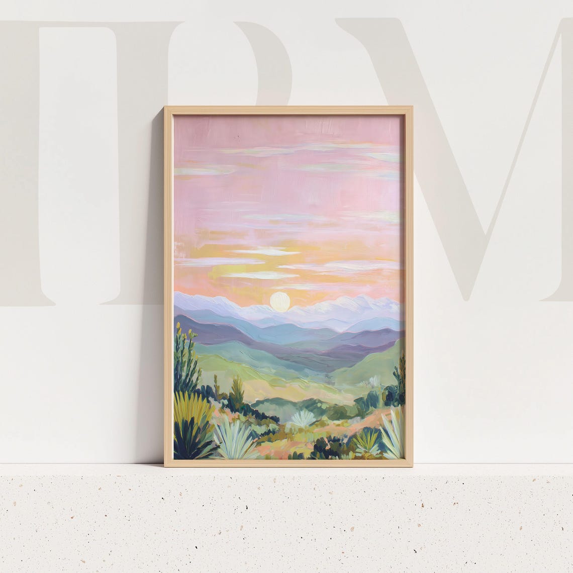 Dreamy Blush Pink Desert Sunset With Cactus Landscape Wall Art