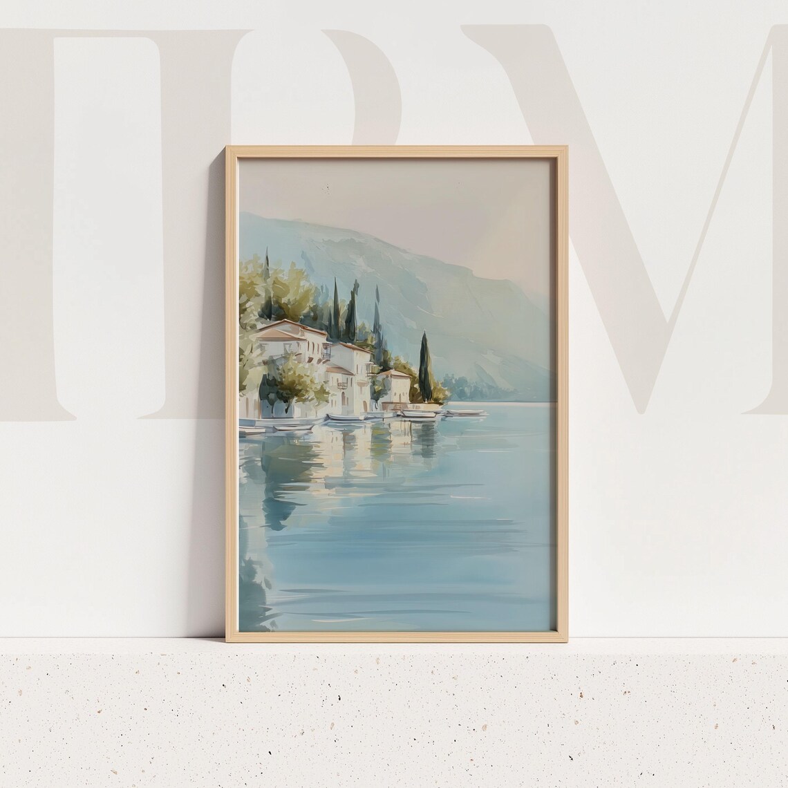 Italian Lakeside Village Cypress Hills Calm Water Watercolor Poster