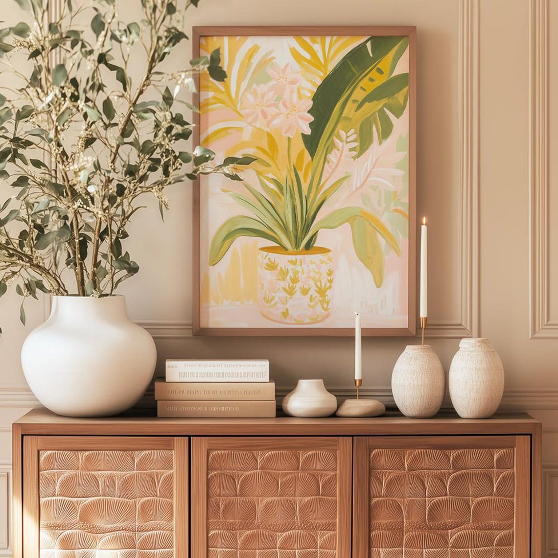 Tropical Plant in Patterned Pot Yellow Pink Botanical Poster
