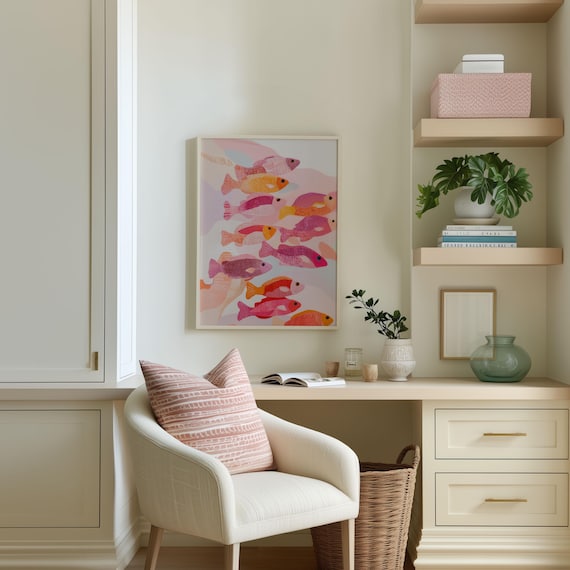 Tropical Fish School Pink Orange Abstract Ocean Pastel Wall Poster