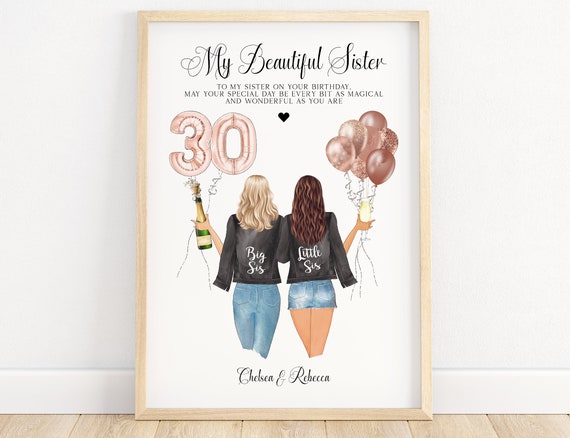 Personalized 30th Birthday Sisters Portrait Balloons Gift Poster