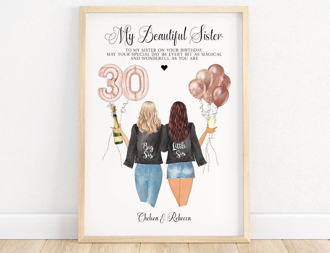 Personalized 30th Birthday Sisters Portrait Balloons Gift Poster