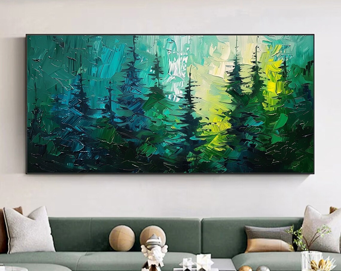 Green Pine Forest Palette Knife Trees Modern Nature Painting Poster
