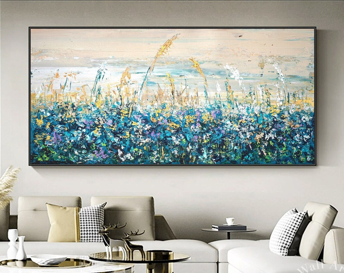 Blue Lavender Wildflower Meadow Oil Painting Golden Grass Field Poster