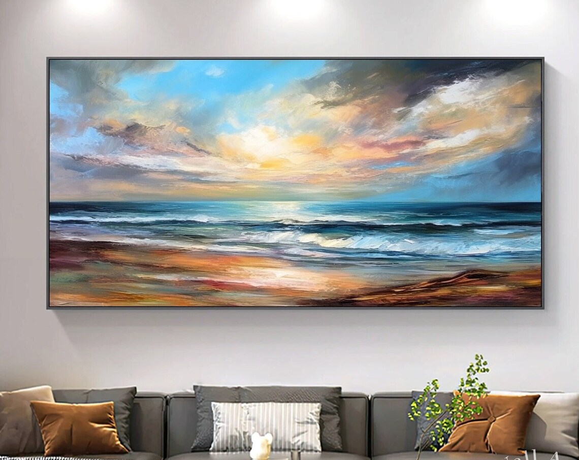 Seascape Acrylic Painting, Impressionist Sky Sea Art
