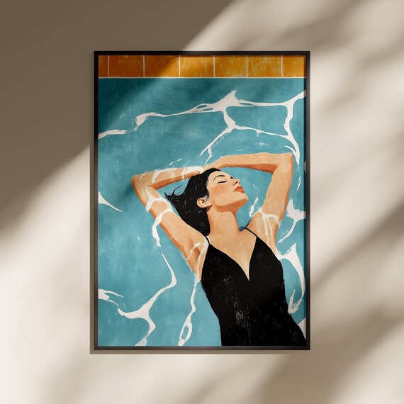 Woman Floating in Turquoise Pool in Black Swimsuit Summer Poster