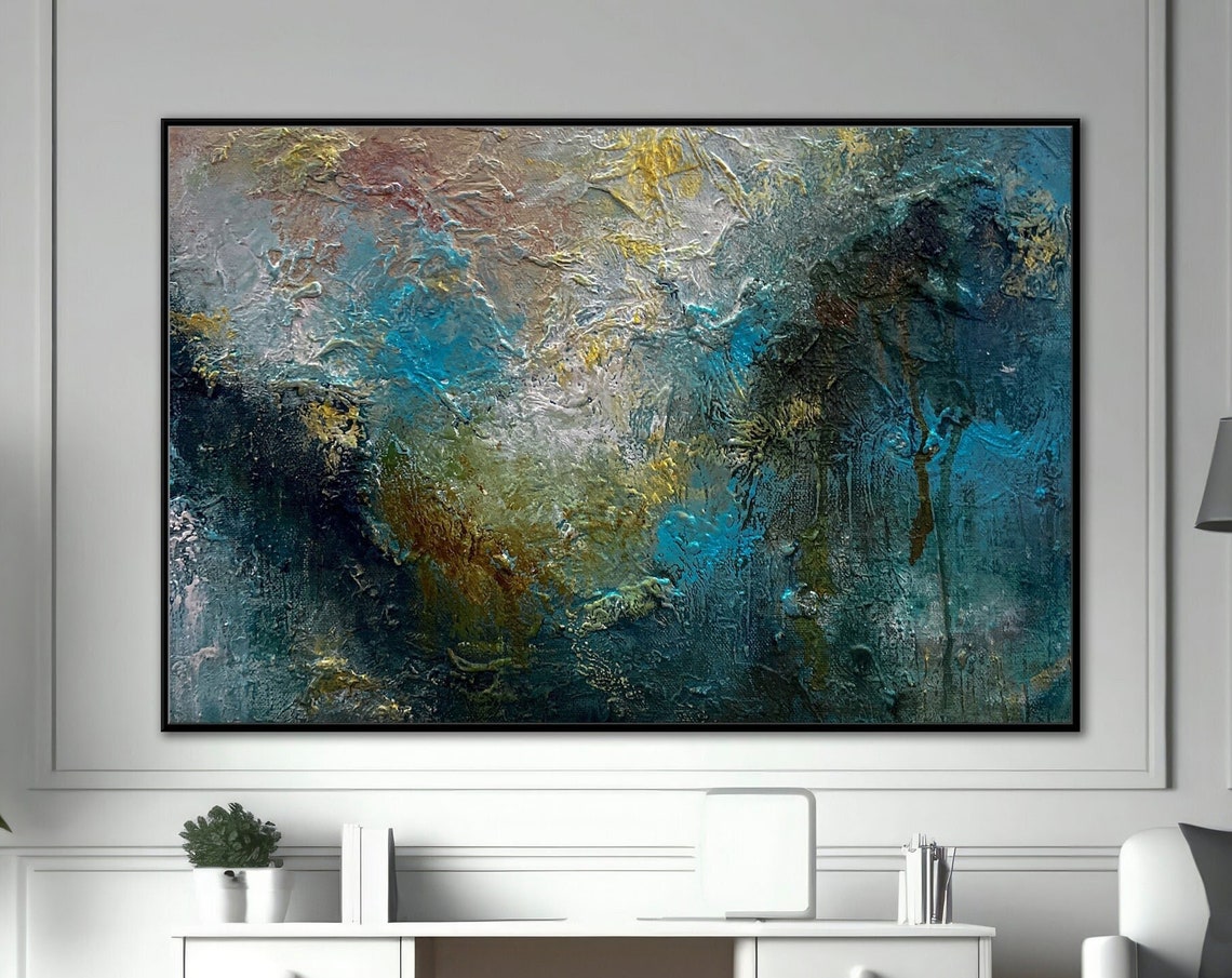 Deep Blue Teal Gold Textured Ocean Abstract Horizontal Poster