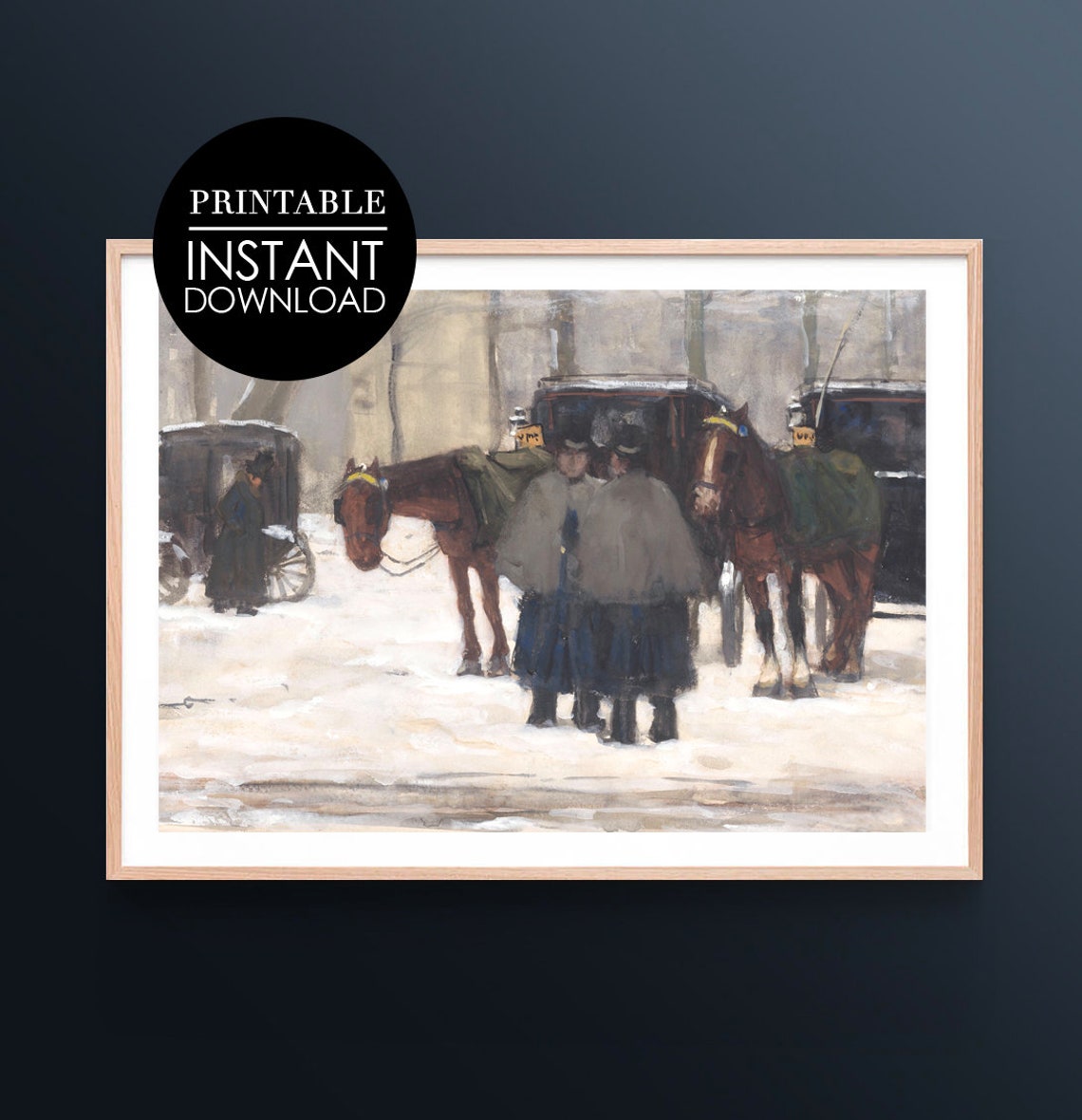 Horse Drawn Carriages on Snowy Street Vintage Painting Art Print