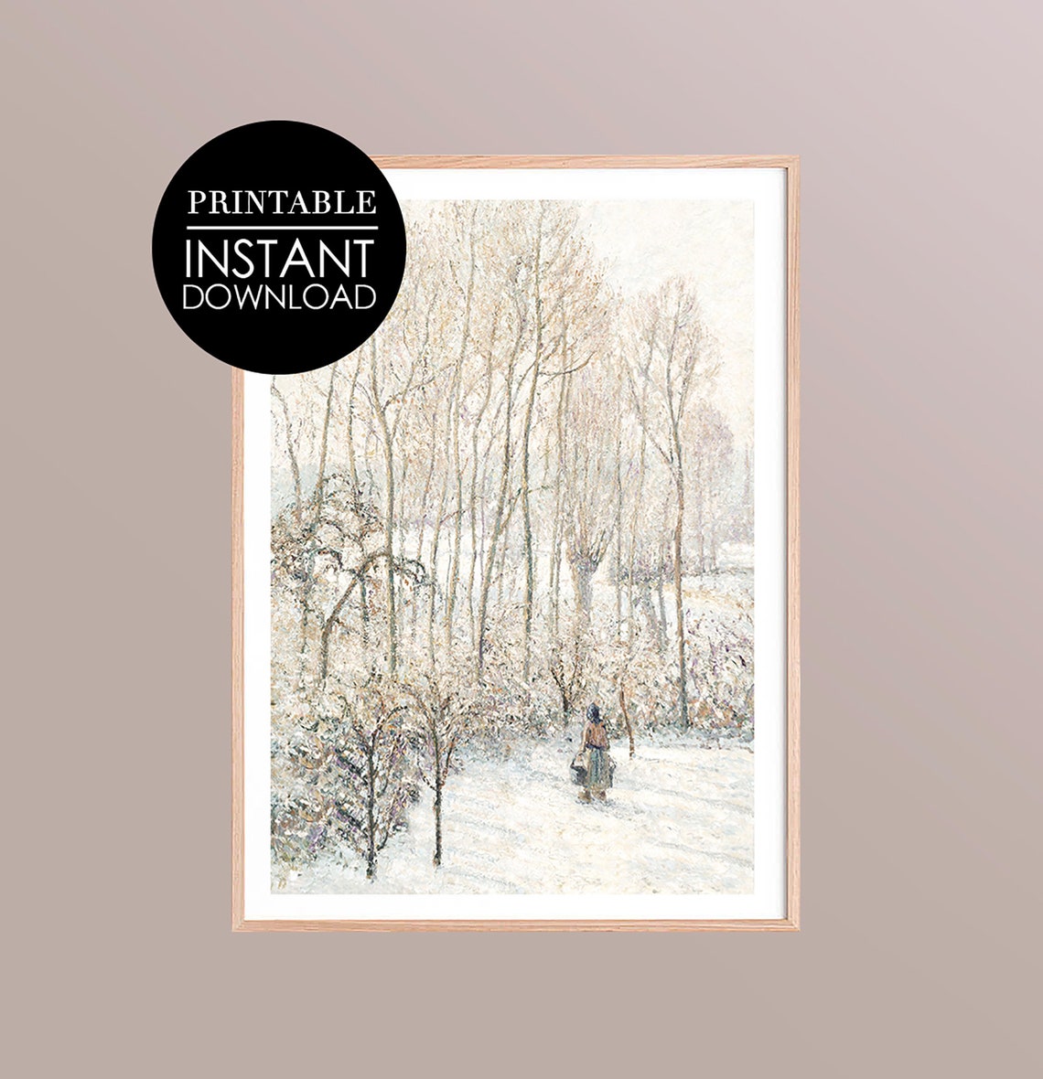 Woman in Snowy Birch Forest Vintage Impressionist Style Art Print