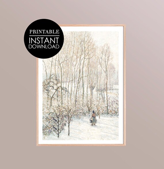 Woman in Snowy Birch Forest Vintage Impressionist Style Art Print