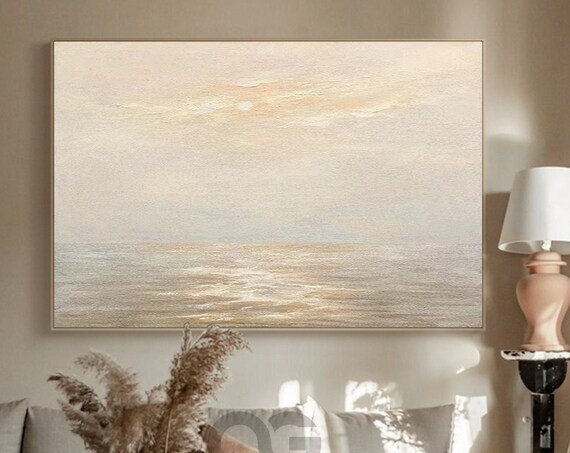 Soft Misty Sunrise Calm Sea Minimal Beige Abstract Ocean Painting Poster