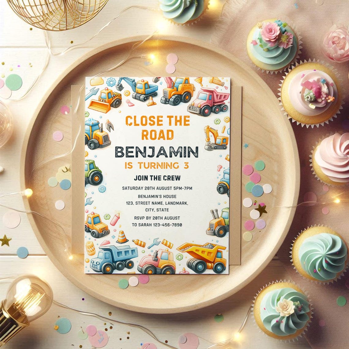 Benjamin Is Turning 3 Construction Truck Birthday Invitation Print - Image 2