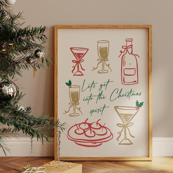 Lets Get Into The Christmas Spirit Cocktail Green Script Holiday Poster