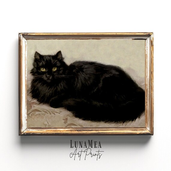 Vintage Black Cat Portrait Painting Long Haired Feline Victorian Wall Art