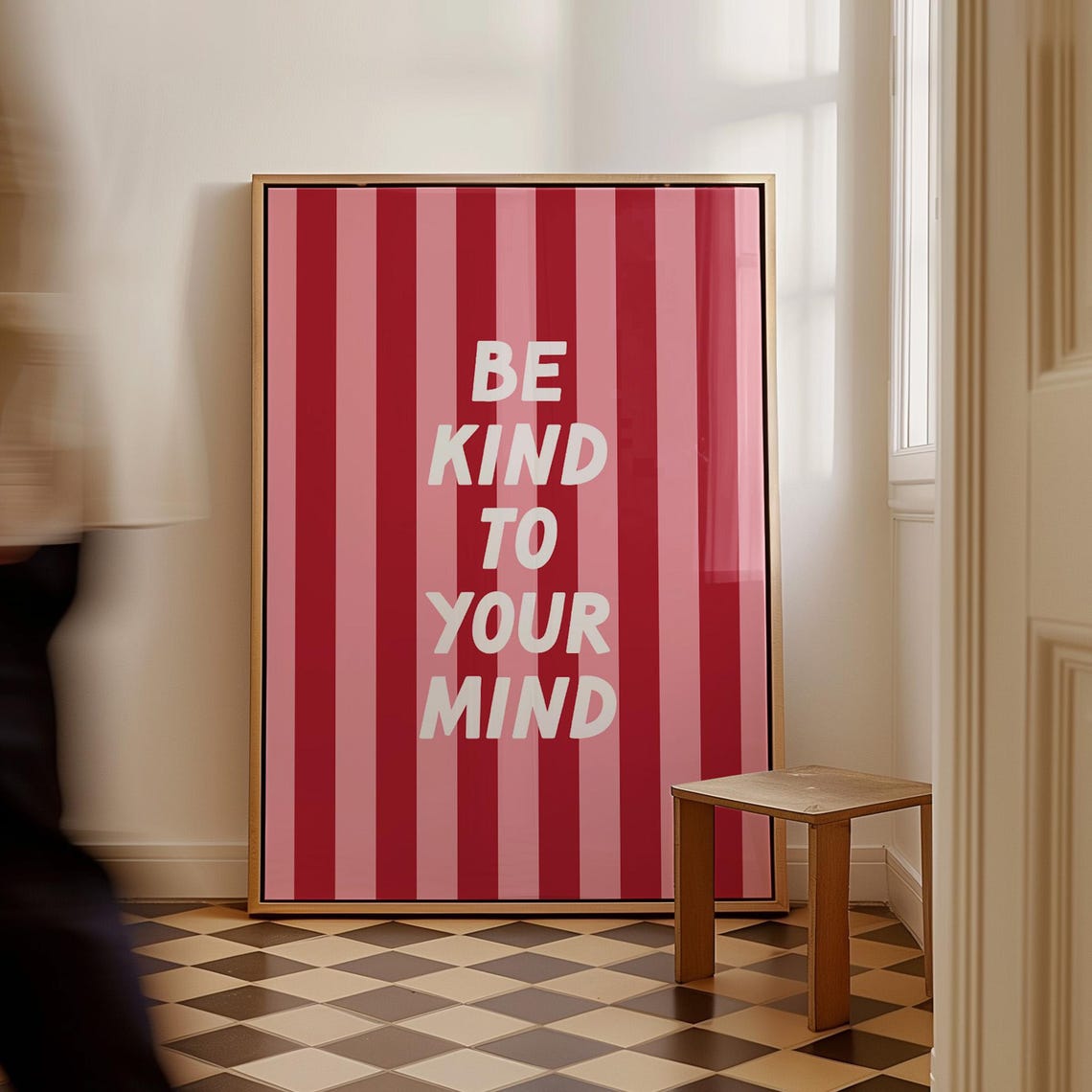 Be Kind To Your Mind Red Pink Striped Typography Quote Wall Art