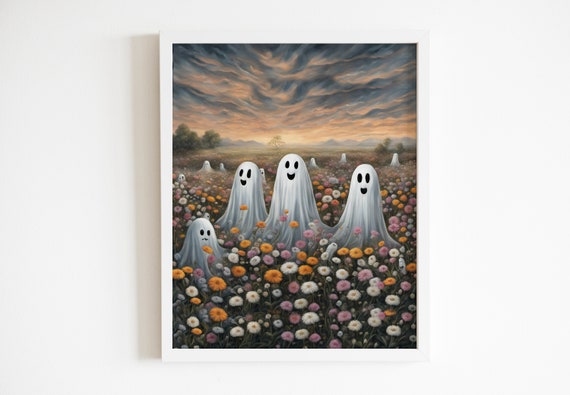 Cute Ghosts In A Field Of Flowers Wall Art Spooky Art Print Cute Halloween Art