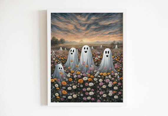 Cute Ghosts In A Flower Field Sunset Halloween Painting Wall Art