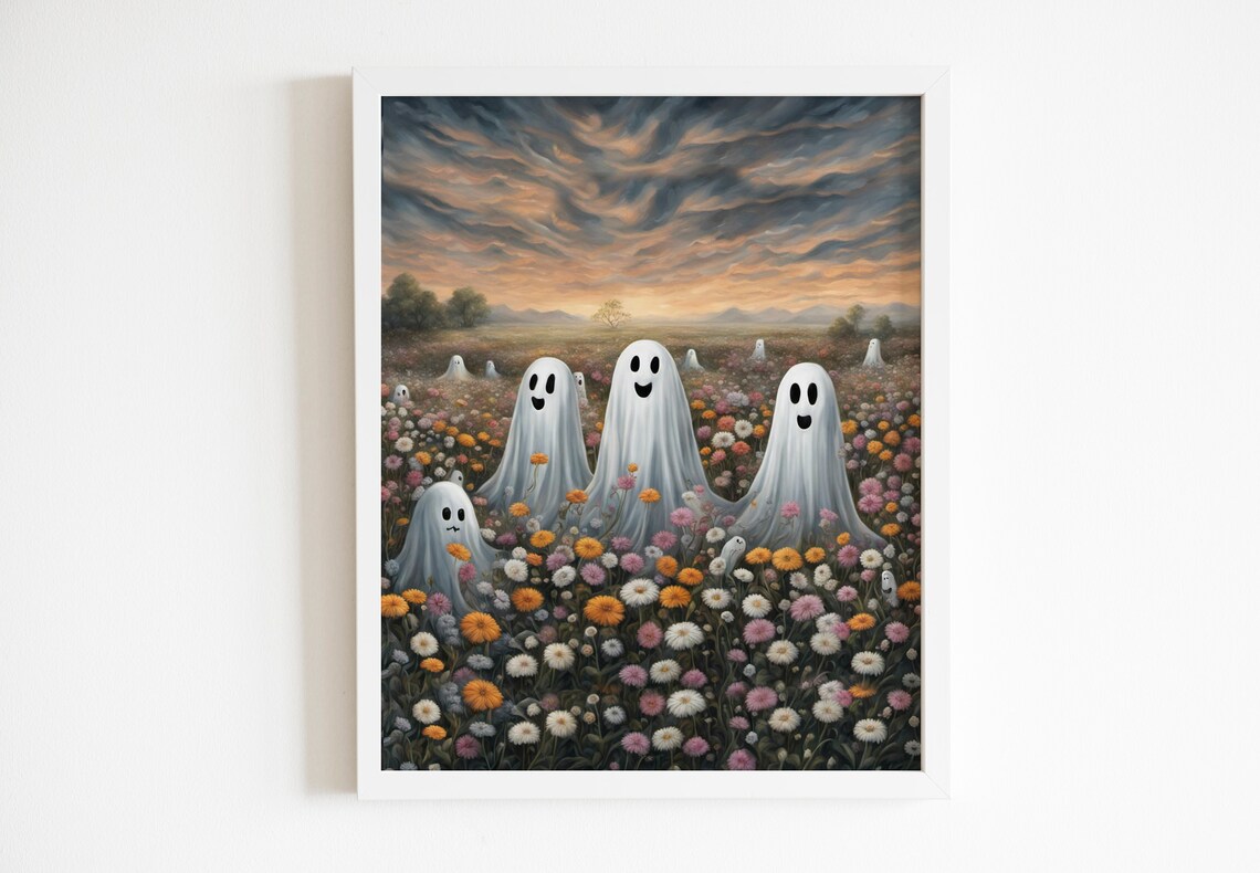 Cute Ghosts In A Flower Field Sunset Halloween Painting Wall Art