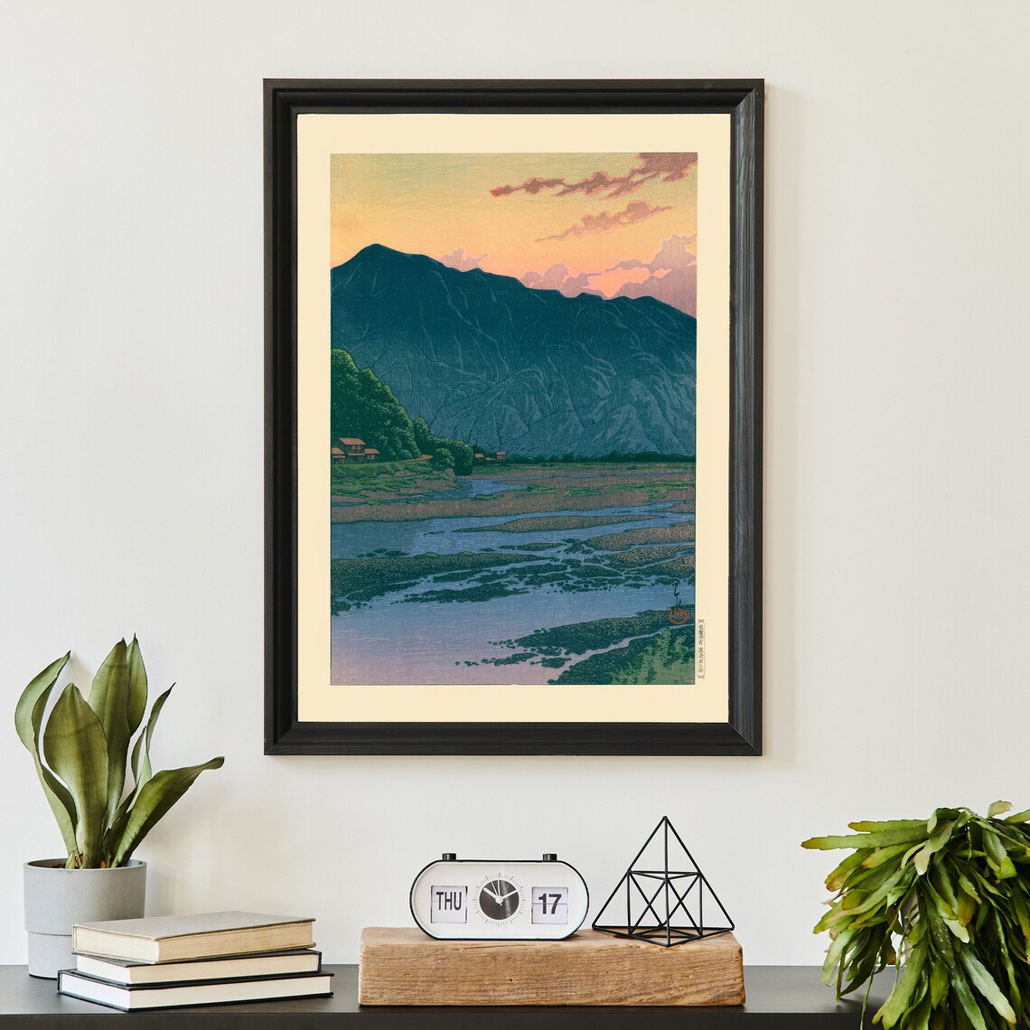 Japanese Mountains Dusk River Woodblock Style Evening Art Poster - Image 3