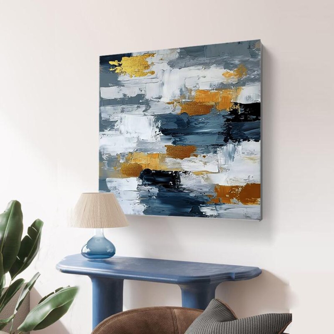 Elegant Grey White and Gold Modern Abstract Oil Painting Poster - Image 3