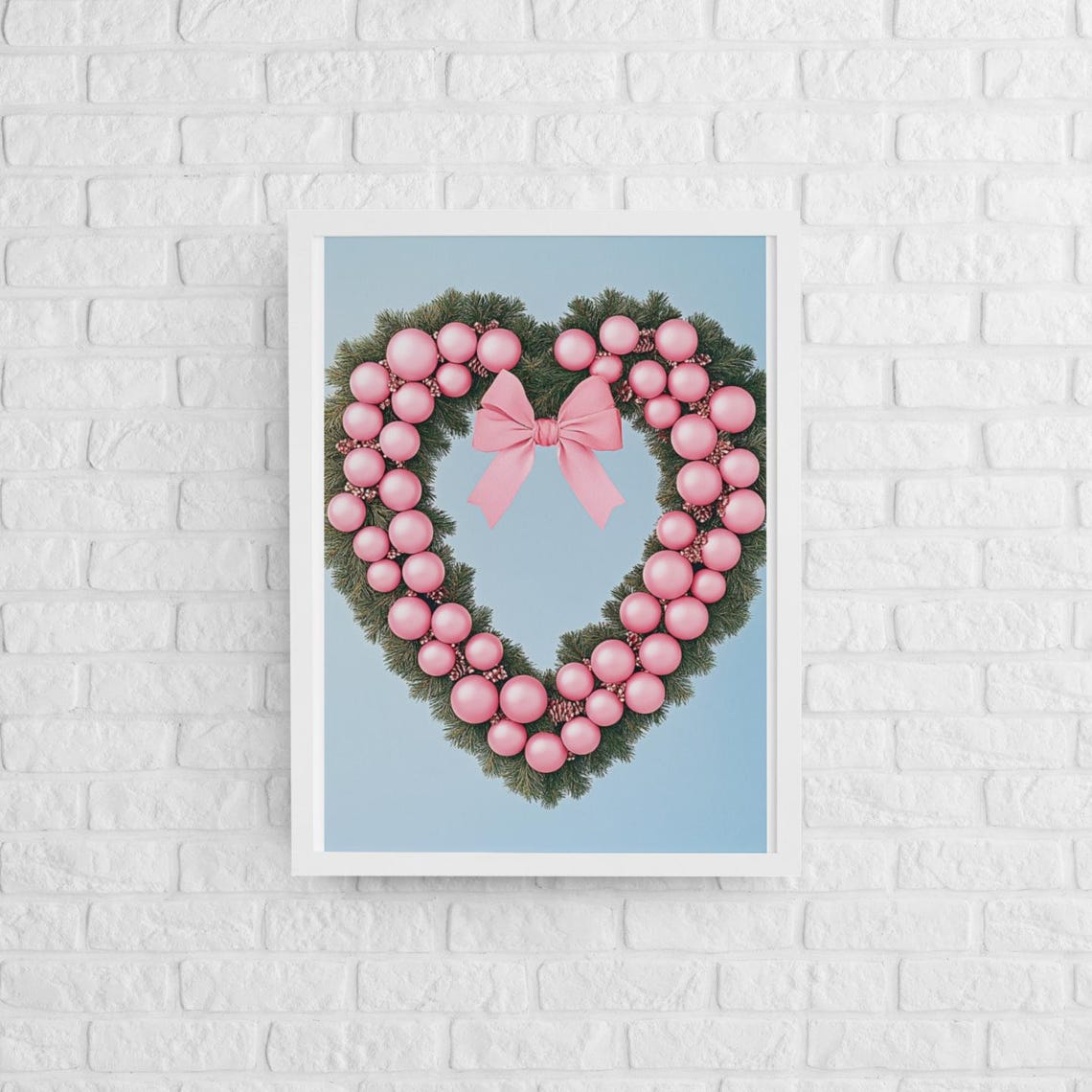Pink Ornament Heart Wreath With Satin Bow On Blue Holiday Poster