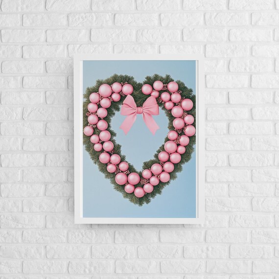 Pink Ornament Heart Wreath With Satin Bow On Blue Holiday Poster