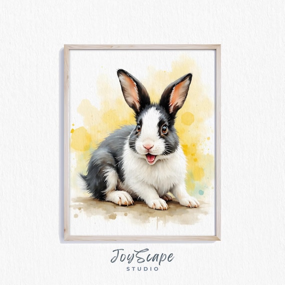 Smiling Dutch Bunny Watercolor Portrait Cute Rabbit Nursery Art Print