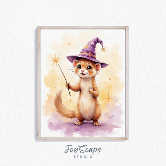Funny Ferret Hat Watercolor Print Cute Animal Art Nursery Decor Wall Magical Kids Room Instant 528