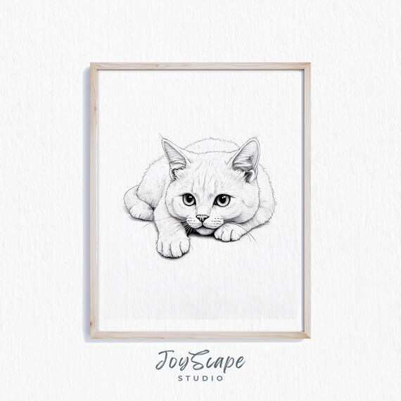 Round Faced Cat Sketch Big Eyes Black and White Cute Feline Poster