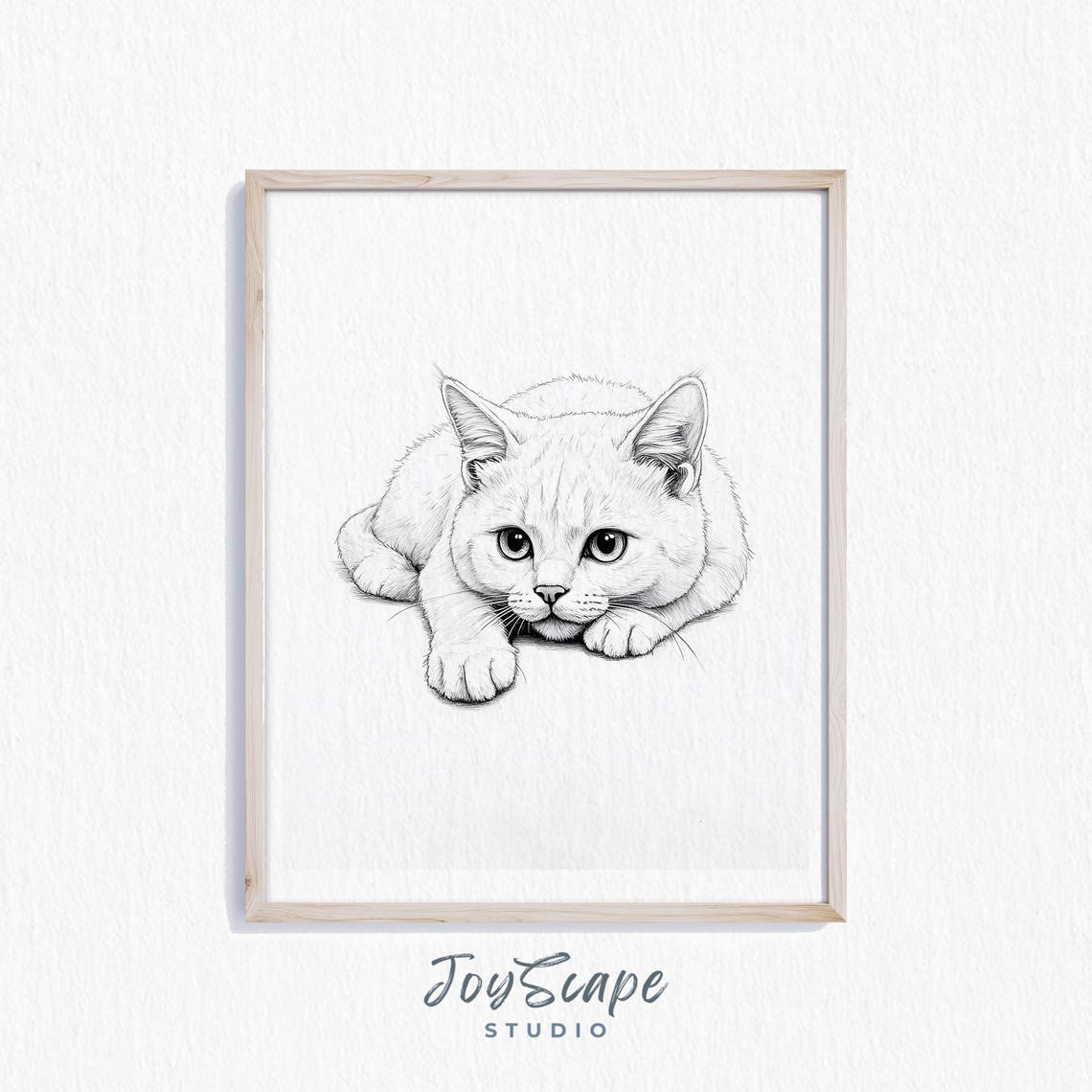 Round Faced Cat Sketch Big Eyes Black and White Cute Feline Poster