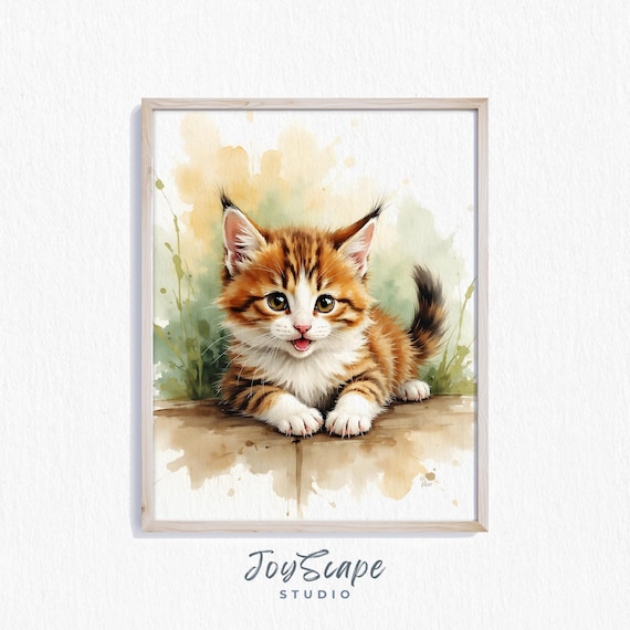 Orange Tabby Kitten Watercolor Painting Cute Pet Portrait Poster