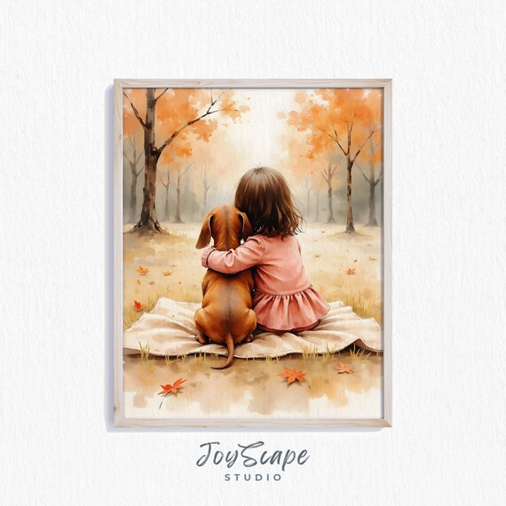 Dachshund With Girl In Autumn Forest Kids Art Nursery Wall Decor Dog For Girls Print 722