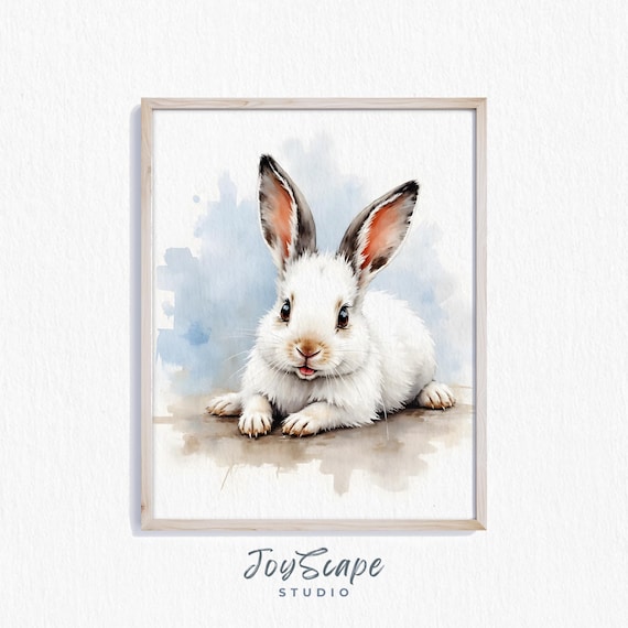 White Bunny Watercolor Painting Cute Rabbit Portrait Nursery Art Print