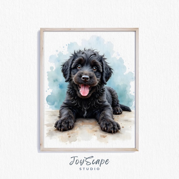 Portuguese Water Dog Puppy Art Adorable Wall Decor Rustic Animal Portrait Cute Painting Childrens Room