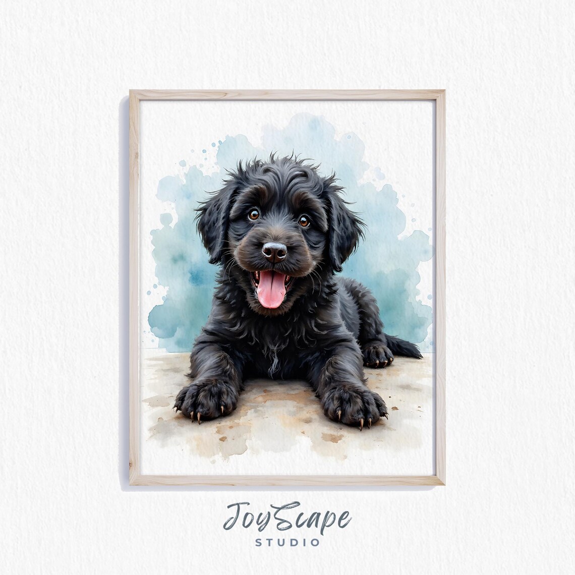 Black Portuguese Water Dog Puppy Blue Watercolor Pet Art Poster