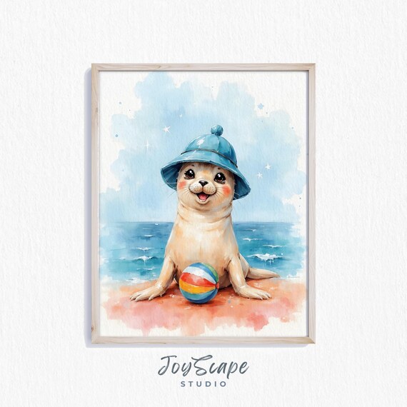 Cute Seal Pup With Blue Hat Beach Ball Watercolor Nursery Poster